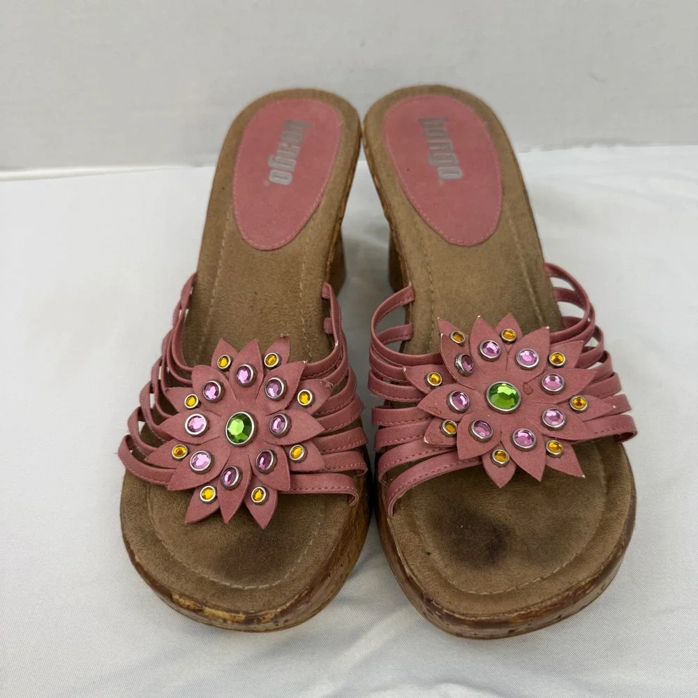 Bongo Vintage Pink Floral Rhinestone Wedge Sandals Y2K Cork Platform Slides